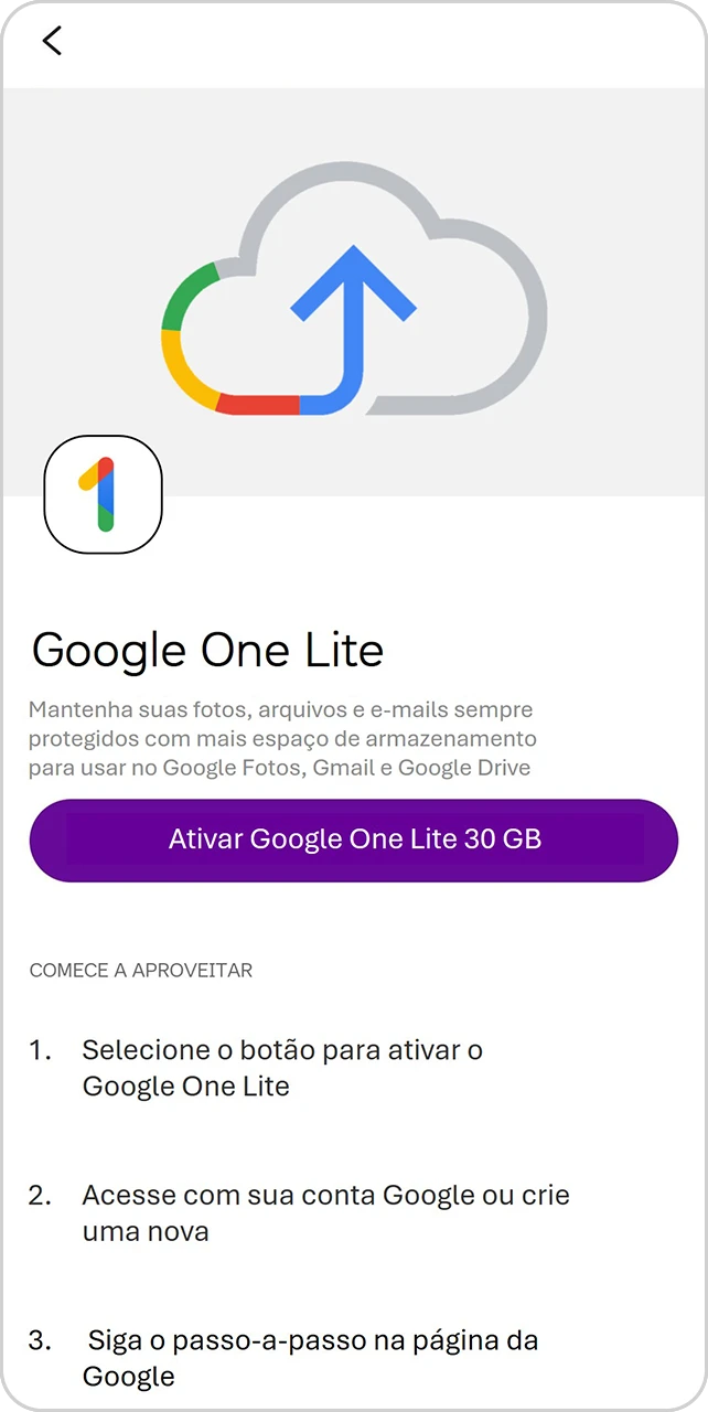 Tela do App Vivo com botão para ativar Google One Lite 30 GB.