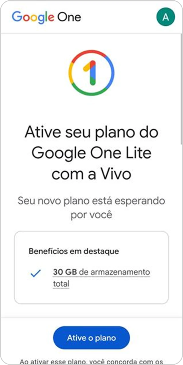 Tela de ativação do plano Google One Lite com a Vivo.