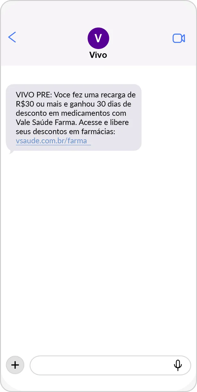 SMS informa benefício Vale Saúde Farma após recarga do Vivo Pré.