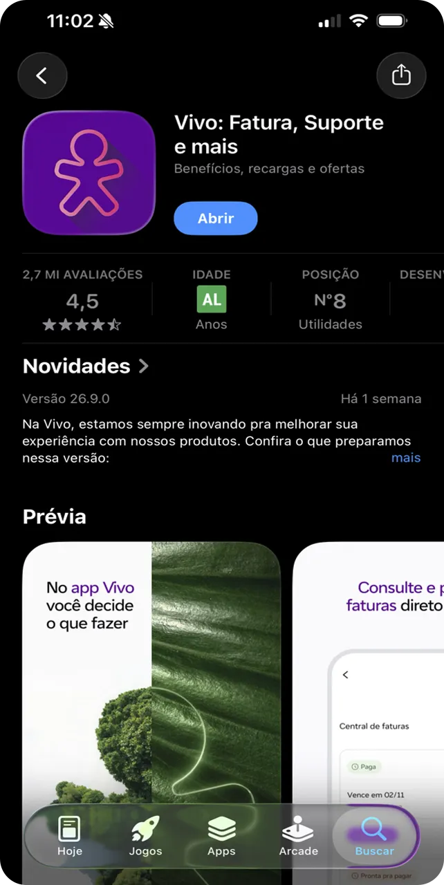 Página do App Vivo na App Store para instalação do aplicativo.