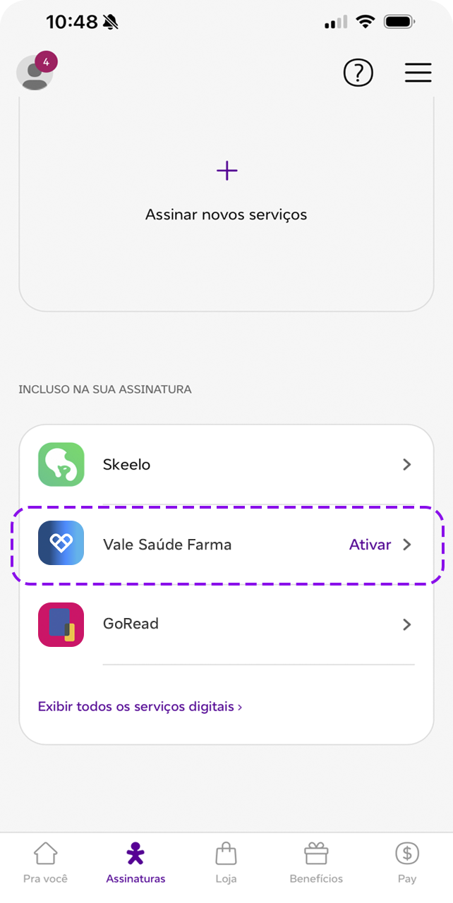 Área de assinaturas do App Vivo com opção de ativar Vale Saúde Farma.