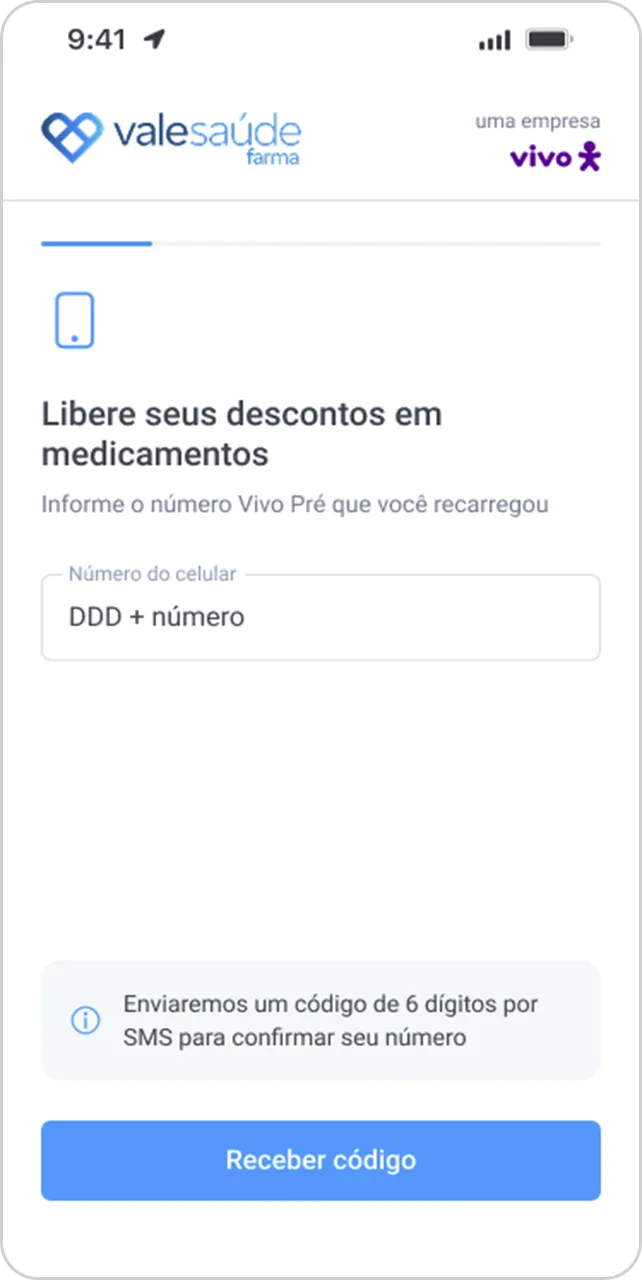 Tela do Vale Saúde Farma solicitando número de celular para envio de código.