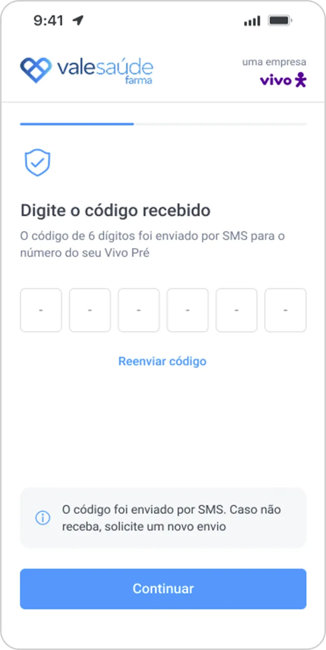 Tela para informar código recebido por SMS e validar o acesso.