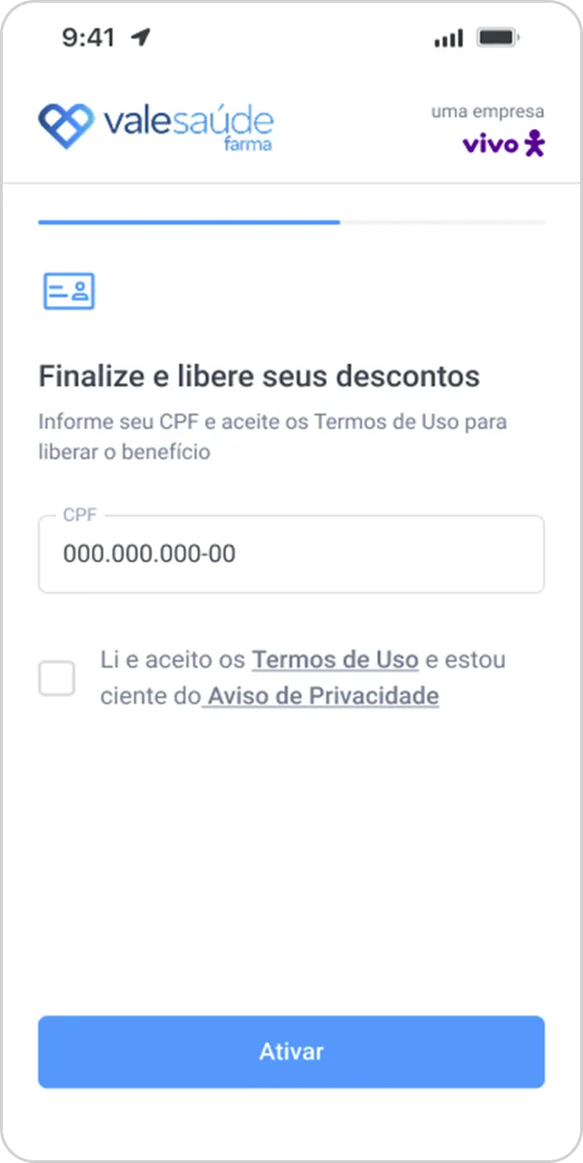 Tela para informar CPF e concluir a ativação do benefício.