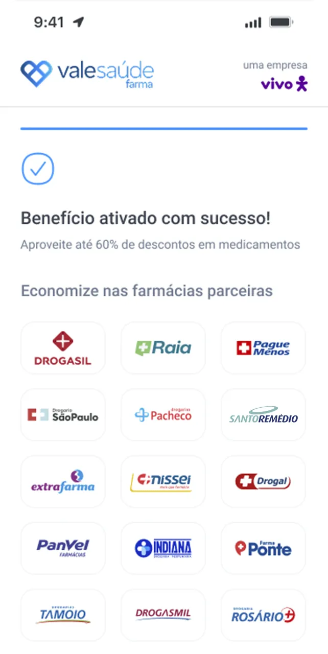 Confirmação da ativação do Vale Saúde Farma com descontos em medicamentos.