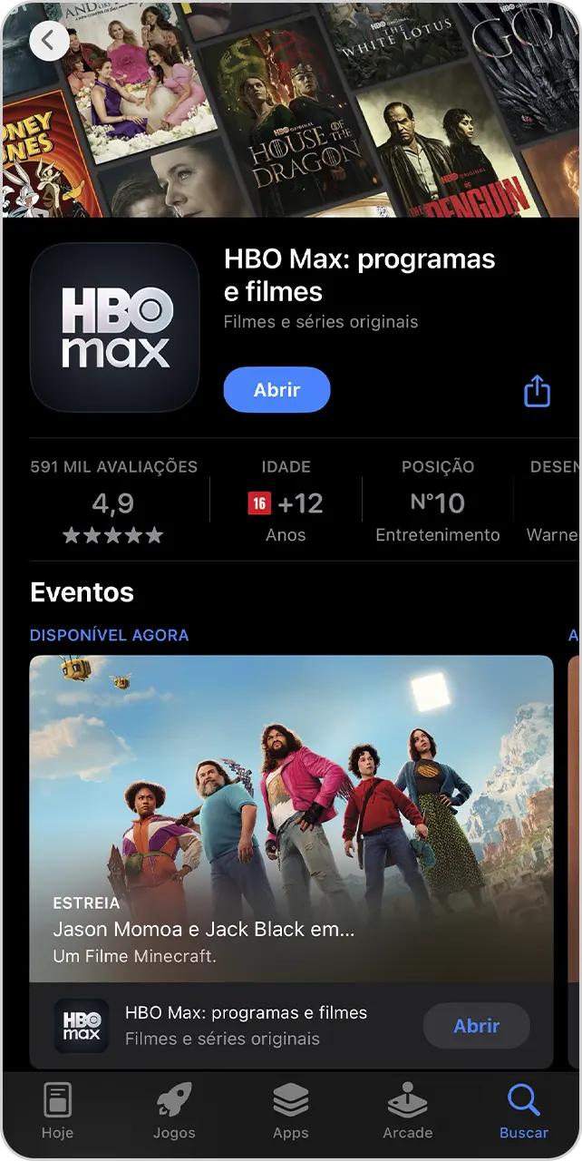 Tela da loja de aplicativos do celular com os detalhes do aplicativo da HBO Max aberto.
