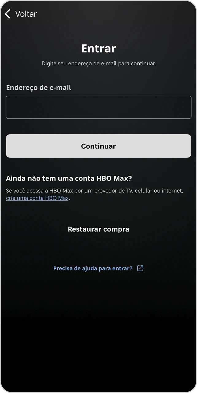 Tela de login do app da HBO Max.