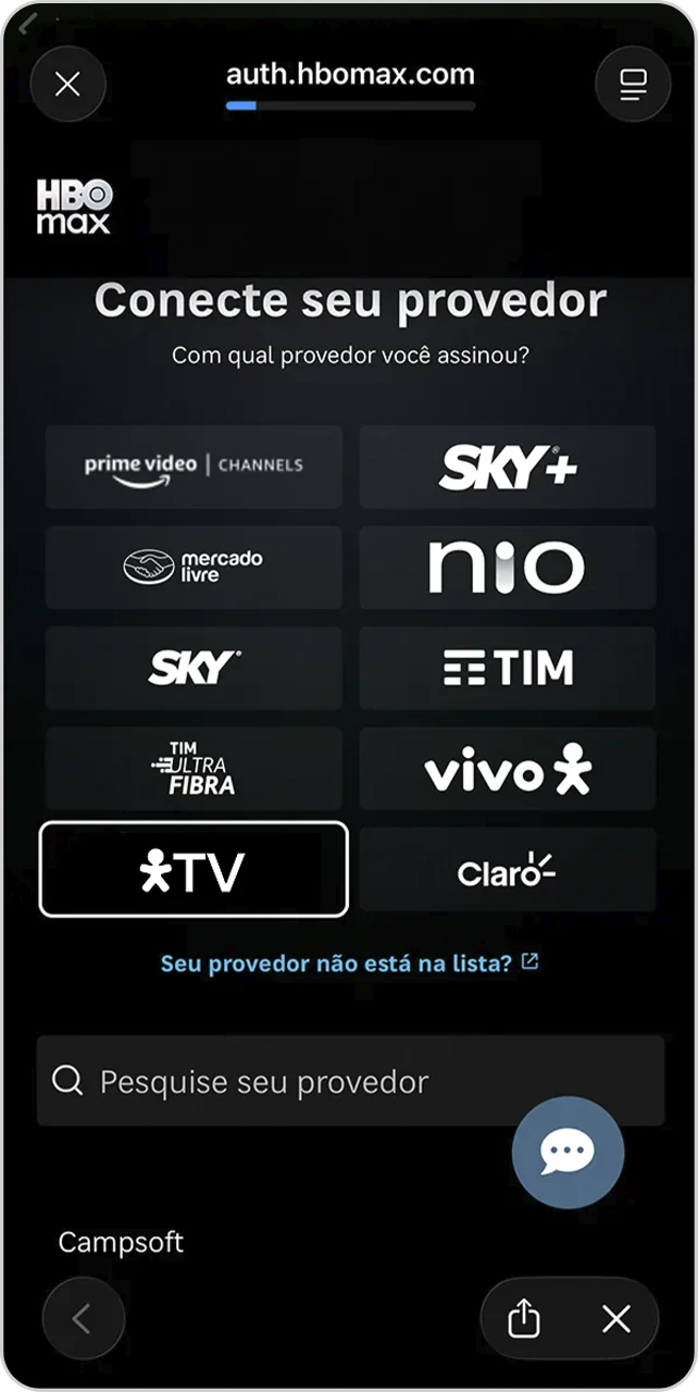 Tela do celular no aplicativo HBO Max com logo Vivo TV em destaque.