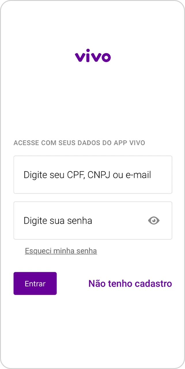 Tela do app Vivo para login com cpf, cnpj ou e-mail e senha.