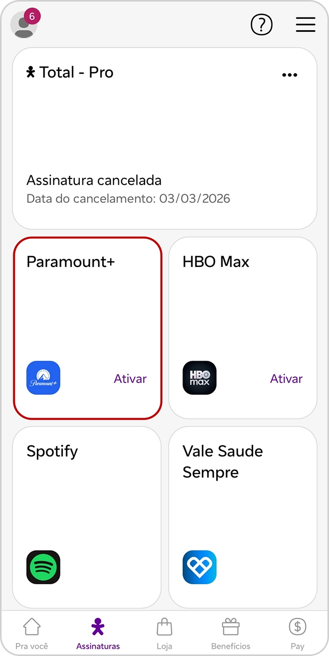 Tela de assinaturas com cartão Paramount+ destacado para ativação.