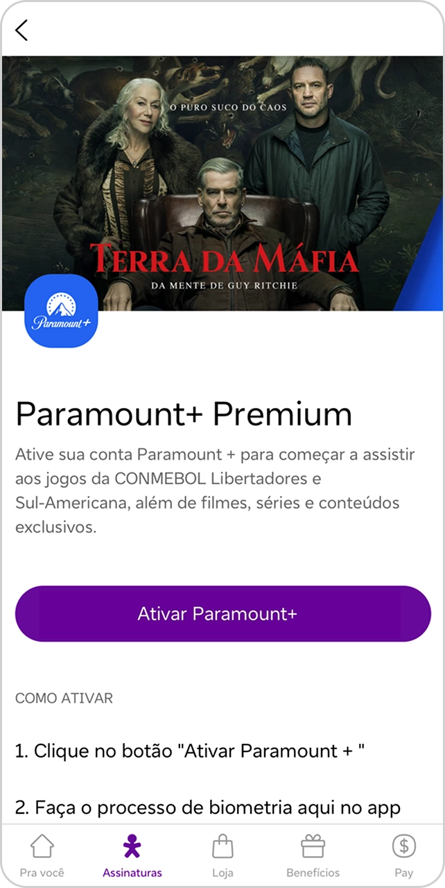 Tela de ativação do Paramount+ Premium com botão para iniciar o cadastro.