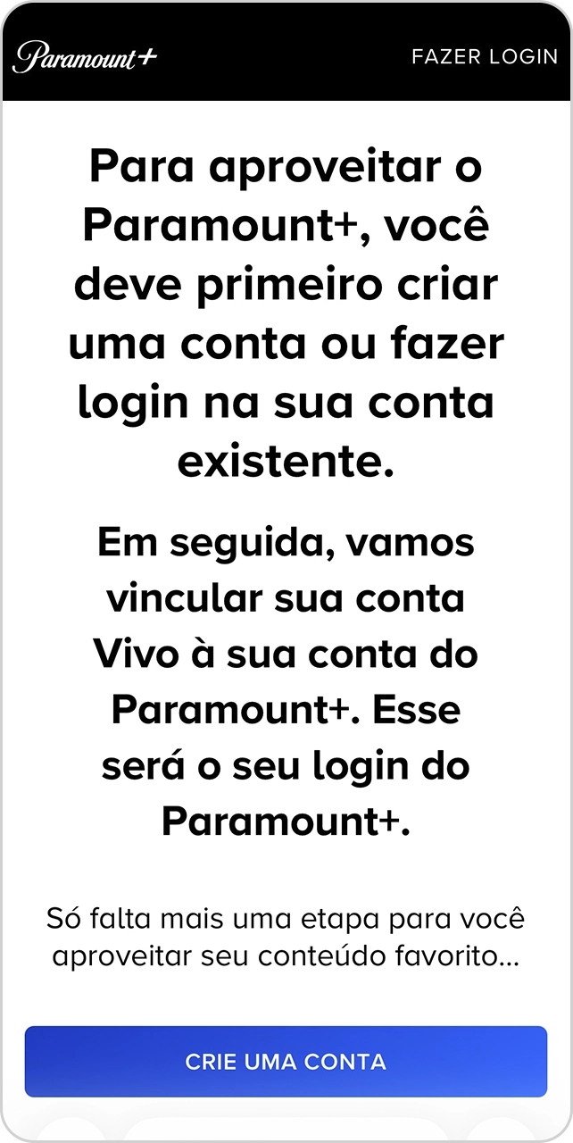 Tela do Paramount+ orienta criar conta ou fazer login para continuar a ativação.