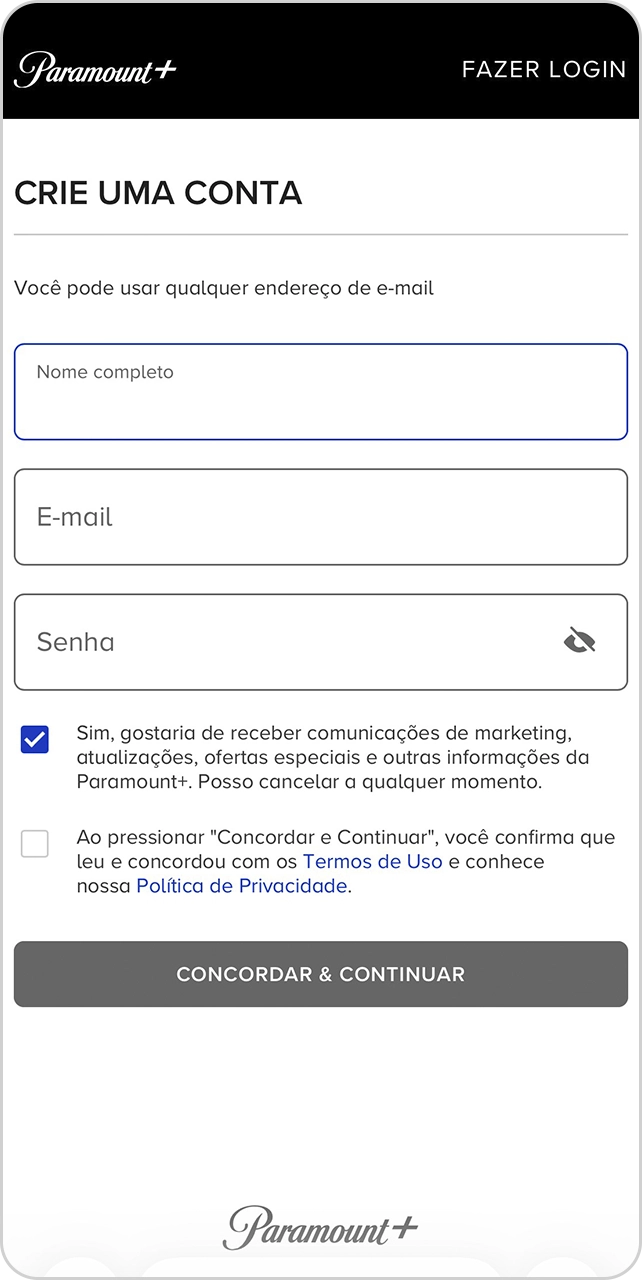 Formulário de cadastro do Paramount+ com campos para nome, e-mail e senha.