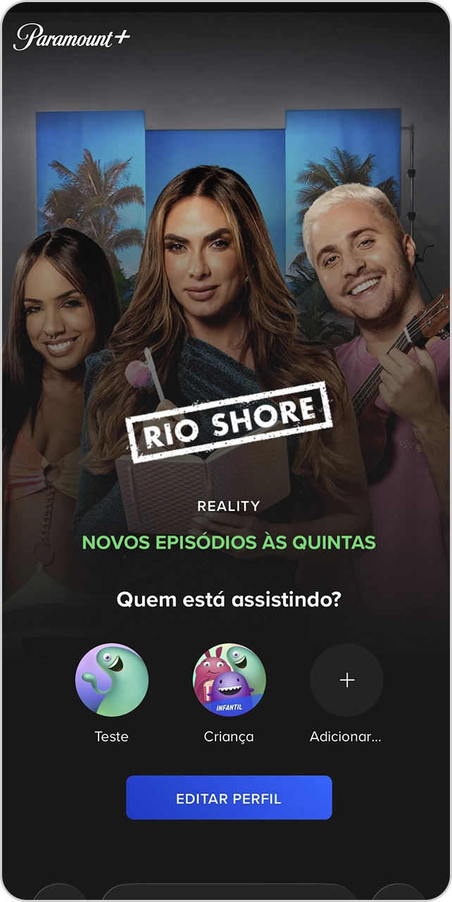 Tela do Paramount+ para escolher ou adicionar perfil após a ativação.
