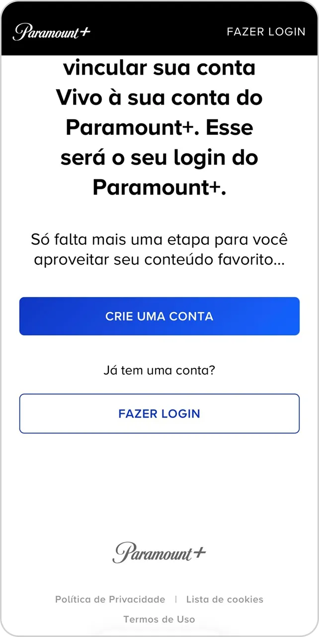 Tela para vincular ou acessar conta Paramount+ usando login da Vivo.