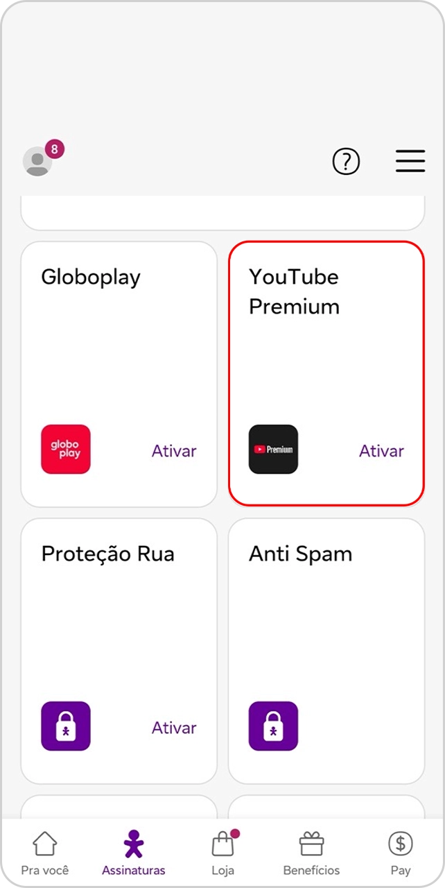 Imagem da tela de ativação de aplicativos do app Vivo, circulado em vermelho o YouTube Premium.