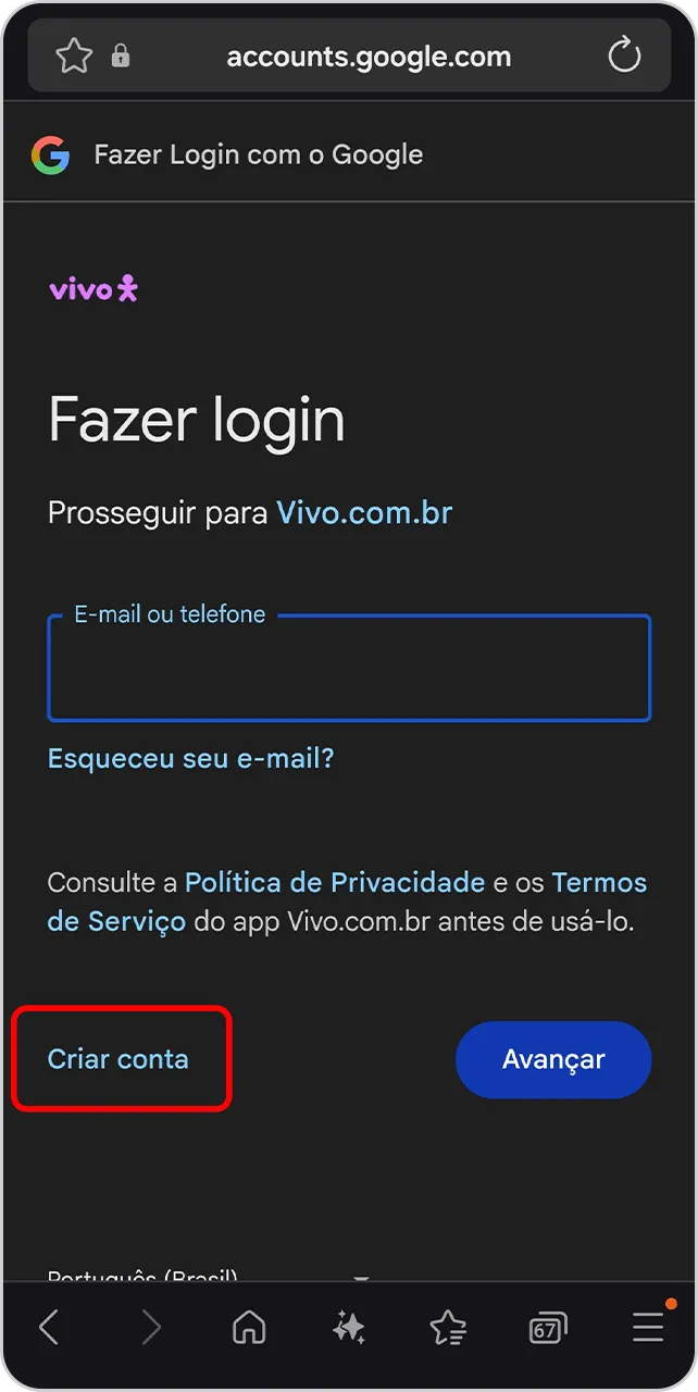 Imagem de botão "criar conta" dentro da página de login.