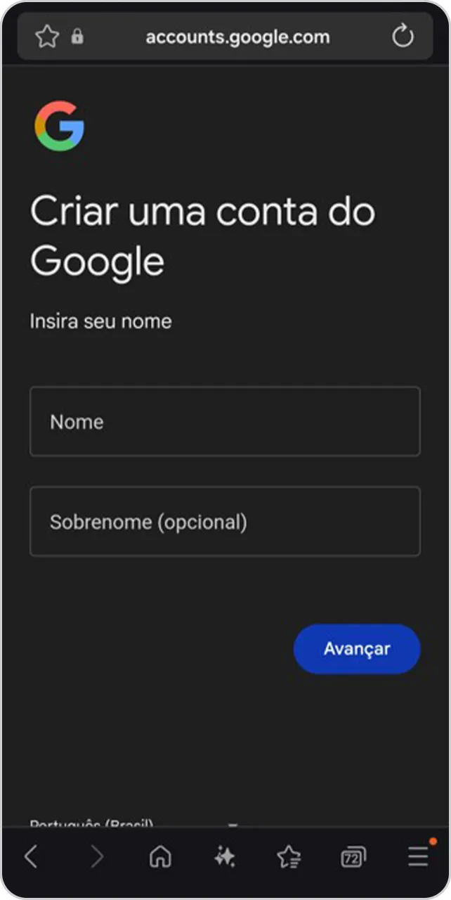 Imagem de cadastro na plataforma Google com campos para inserir nome e sobrenome.