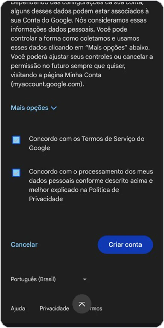 Imagem dos termos de serviços de cadastro de conta na plataforma Google.