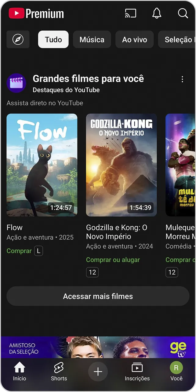 Imagem da tela de início do aplicativo YouTube com as opções para assinantes.