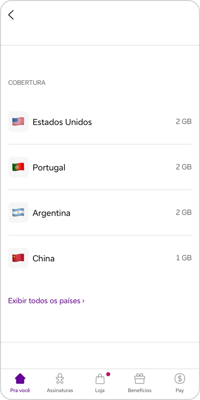 Print de tela do app Vivo, visualização dos países cobertos pelo Vivo Travel