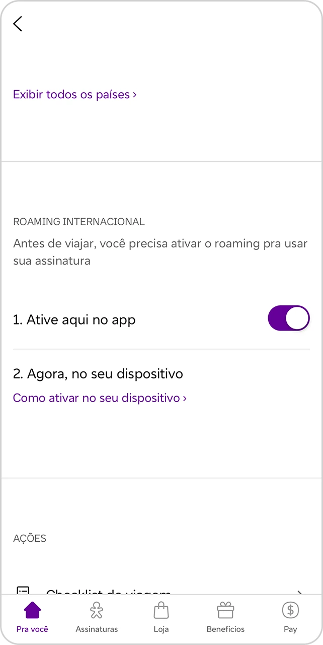 Print de tela do App Vivo com passo a passo de como ativar Vivo Travel