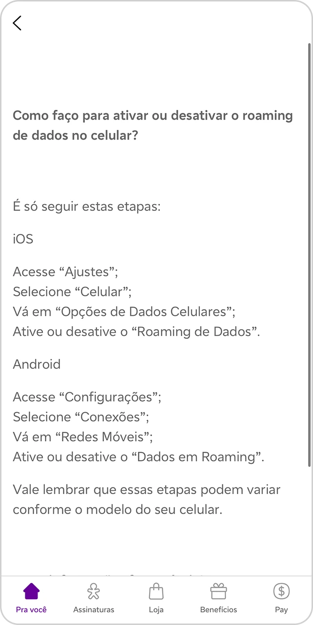 Print de tela do App Vivo com passo a passo de como ativar Vivo Travel