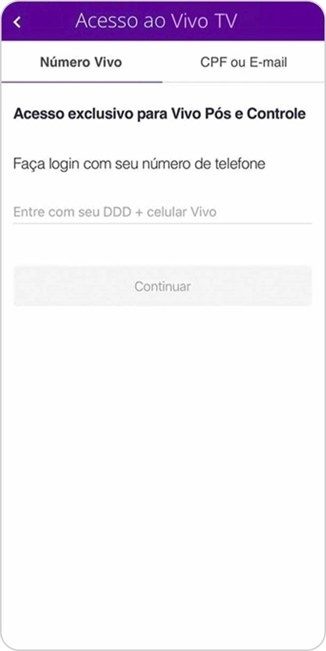 Tela para fazer login no app.