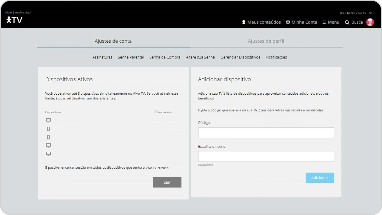 Tela de ajustes de conta e perfil em Vivo TV.