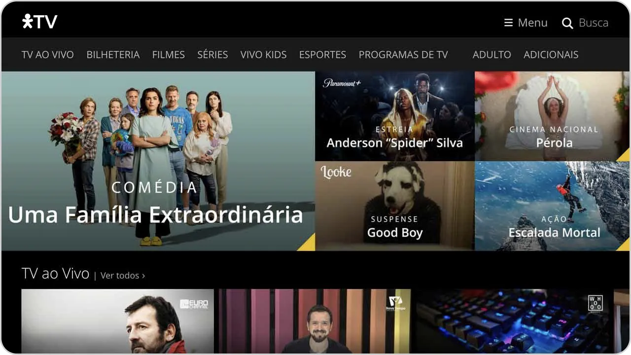 Tela logada do Vivo TV, com programas disponíveis na tela.
