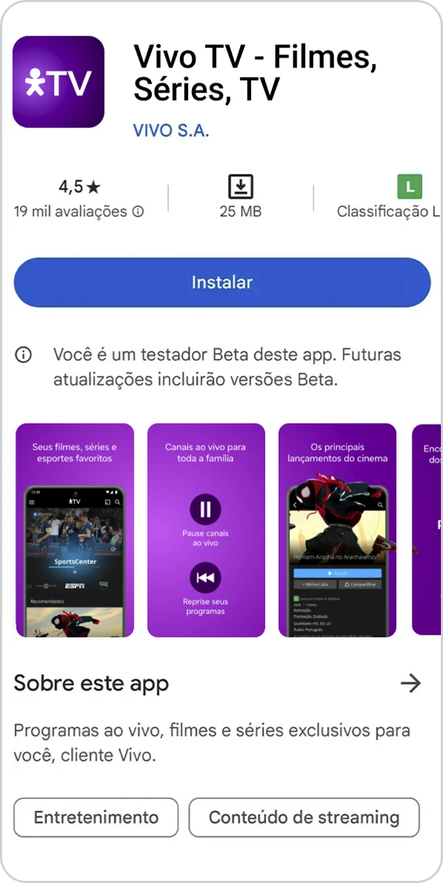 Tela de uma loja de aplicativos, exibindo o Vivo TV.
