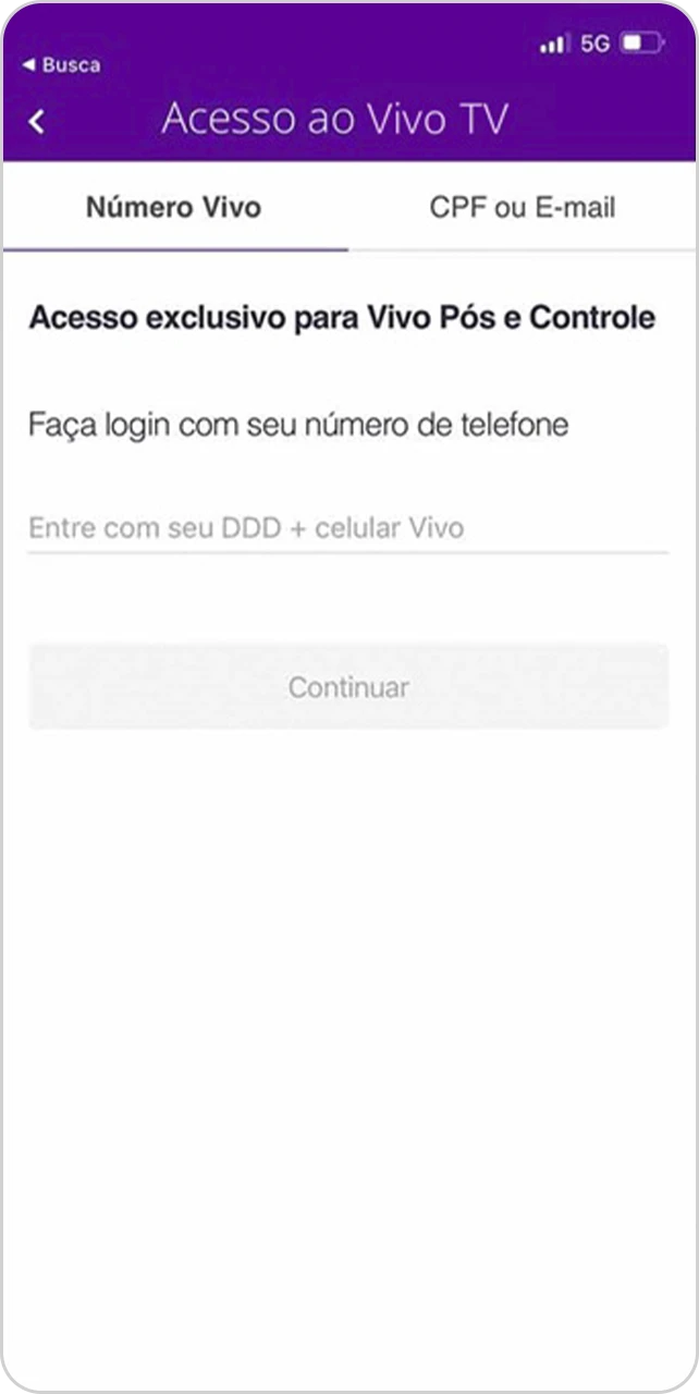 Tela de login do app Vivo TV.