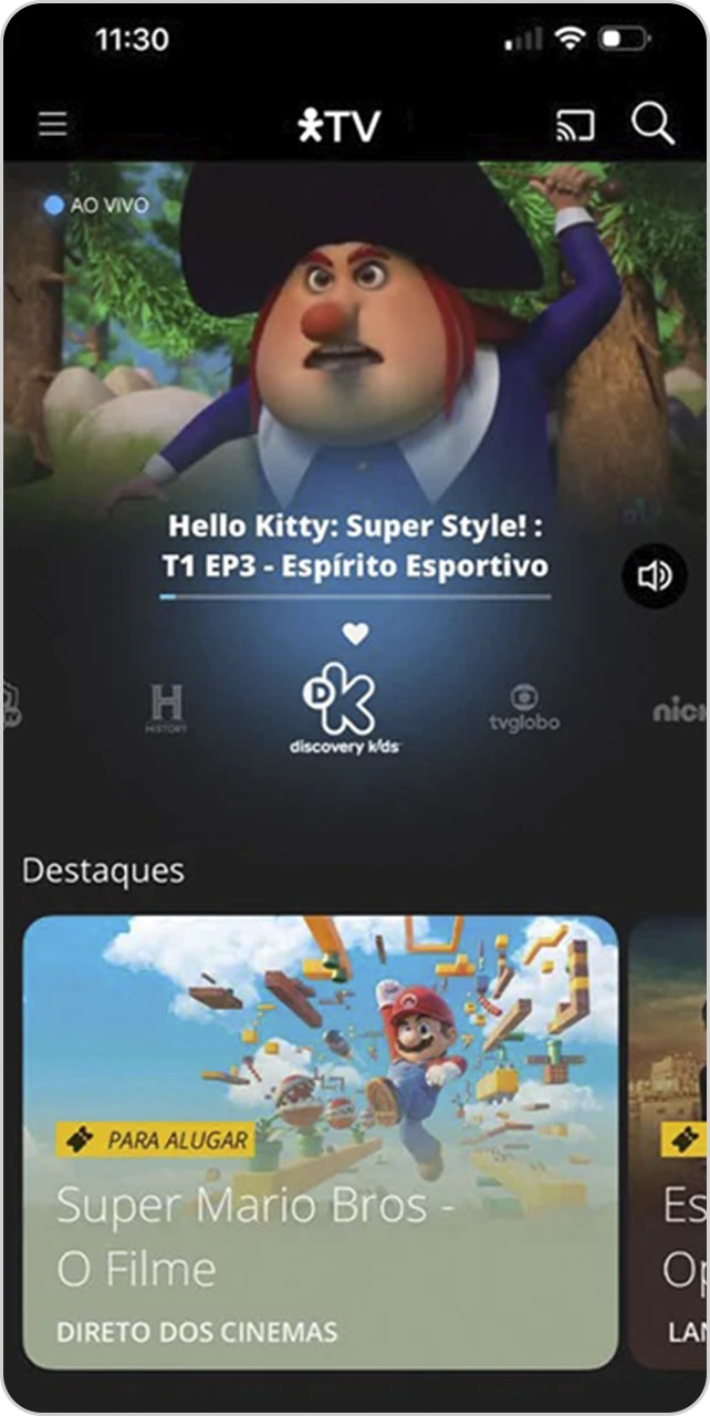 Tela inicial do app Vivo TV.