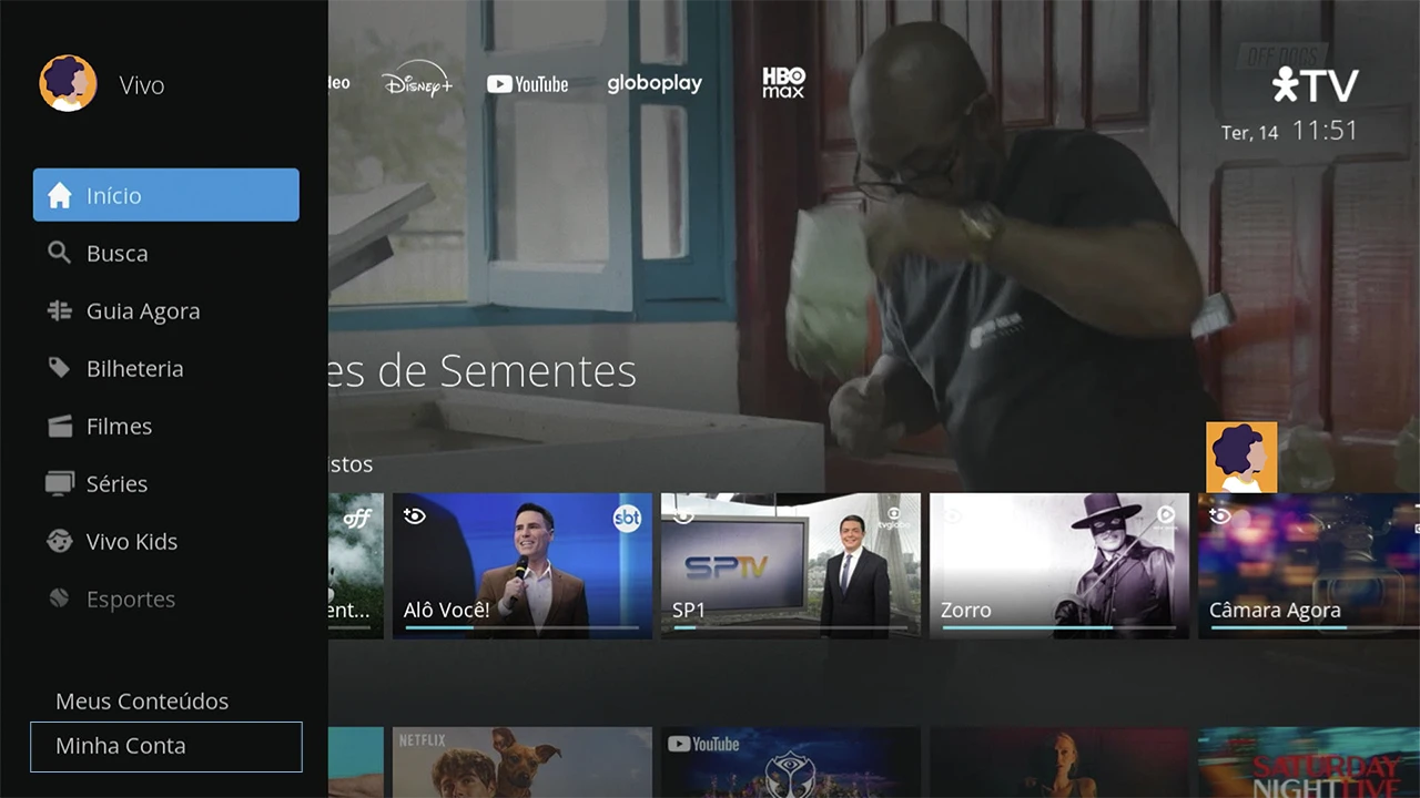 Tela do Vivo TV, com menu lateral aberto e item "Minha Conta" em destaque.