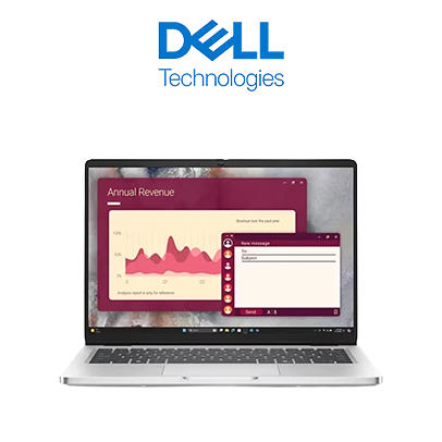 Notebook Dell Pro 14 com logo Dell Technologies acima.