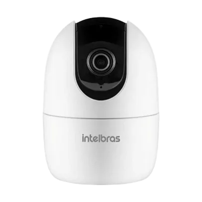 Imagem de uma pequena câmera, branca com logo Intelbras.