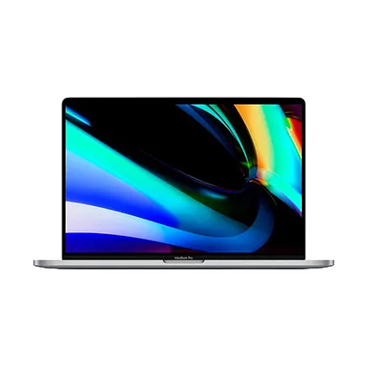 MacBook Pro prateado aberto, com tela exibindo formas abstratas coloridas.