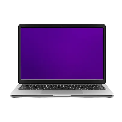 Notebook prateado aberto, em posição frontal, com teclado preto e tela roxa.