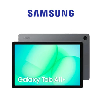 Samsung Galaxy Tab A11+ na cor cinza com logo Samsung na cor azul acima.