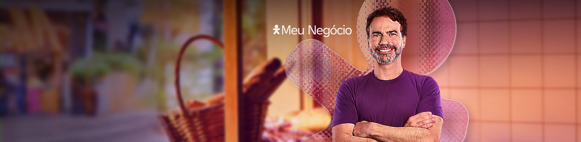 Pessoa de braços cruzados em ambiente comercial. Logo Meu Negócio.