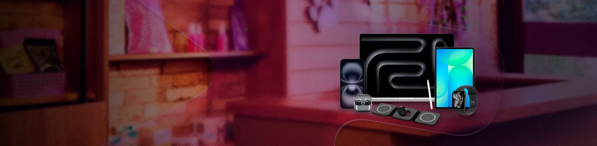 Imagem de uma TV, de um tablet, de um celular, de um relógio e de um fone de ouvido.