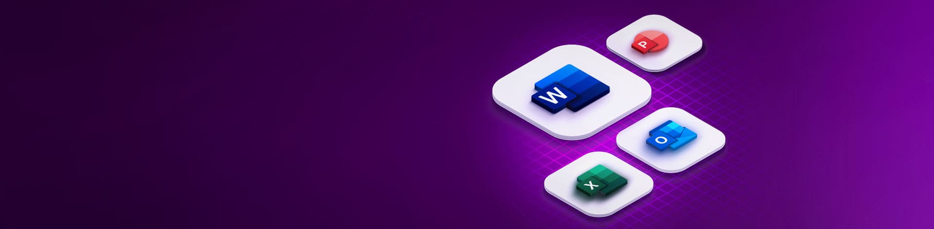 Ilustração de vários blocos com logos dos produtos Microsoft: Outlook, Powerpoint, Excel e Word.