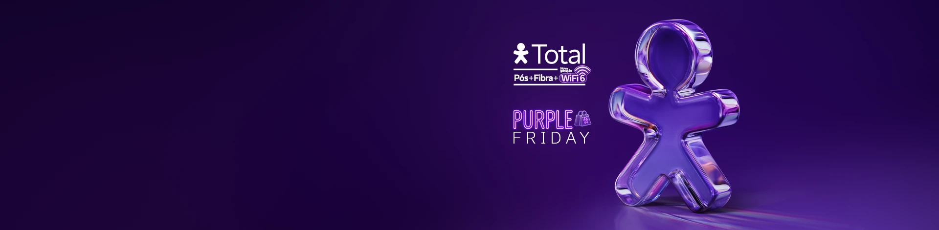 Imagem com fundo escuro, vivinho em vidro, logo Vivo Total + selo Purple Friday