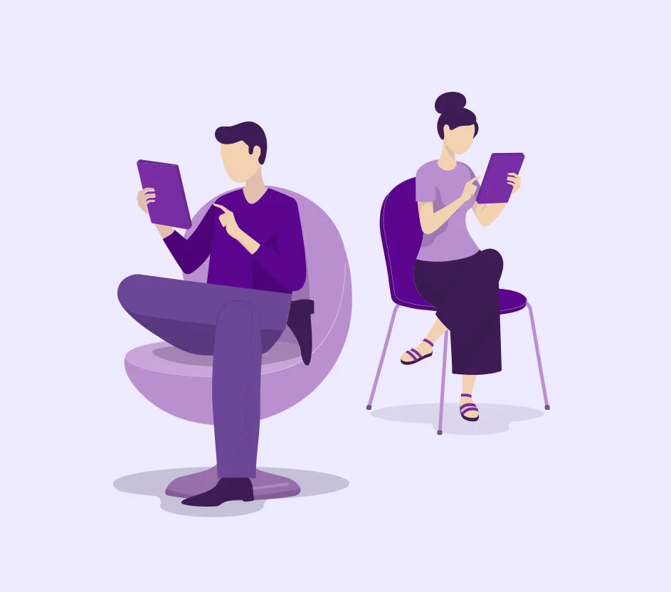 Ilustração de um homem e uma mulher, sentados em suas cadeiras, utilizando tablets.
