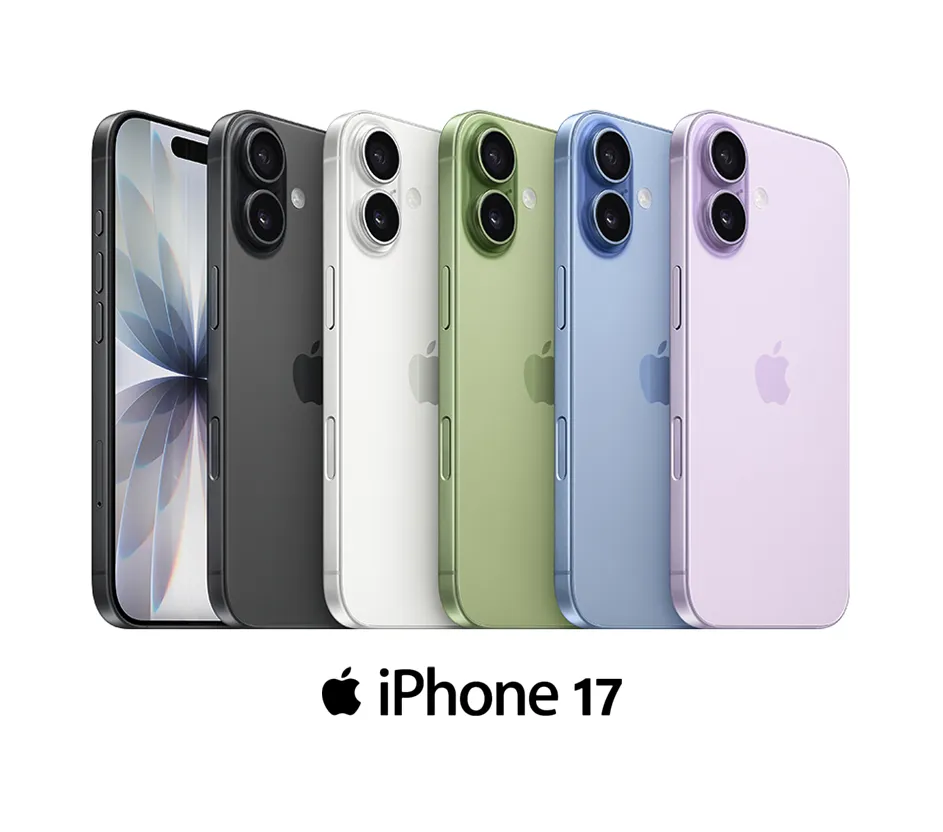 Imagem com seis aparelhos de telefone da linha iPhone 17.