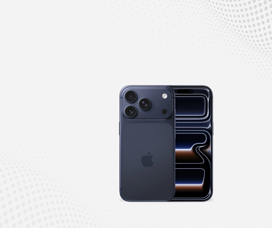 Imagem de dois celulares, frente e verso, na cor azul, marca Apple, modelo iPhone 17.