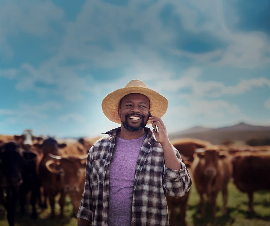 Homem falando no celular sorrindo com chapéu de olha em campo com bois e vacas e céu azul.