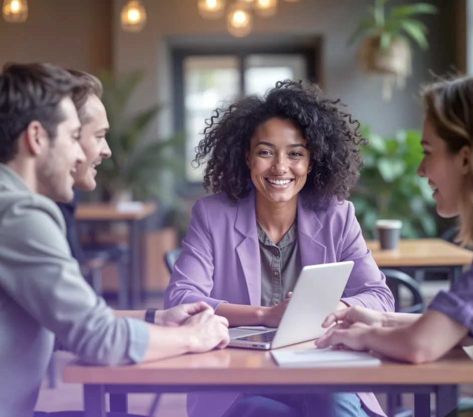 Reunião de trabalho com 2 mulheres e 2 homens.