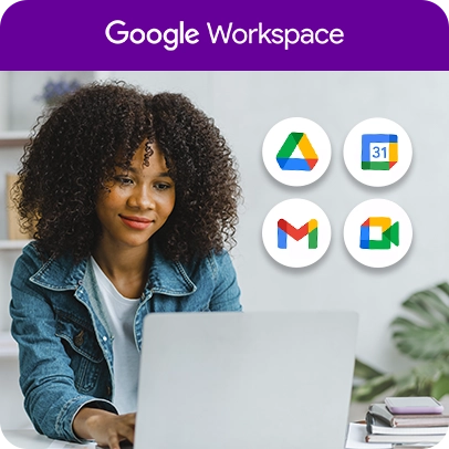 Imagem de mulher trabalhando no notebook, ao lado ícones de ferramentas do Google Workspace.