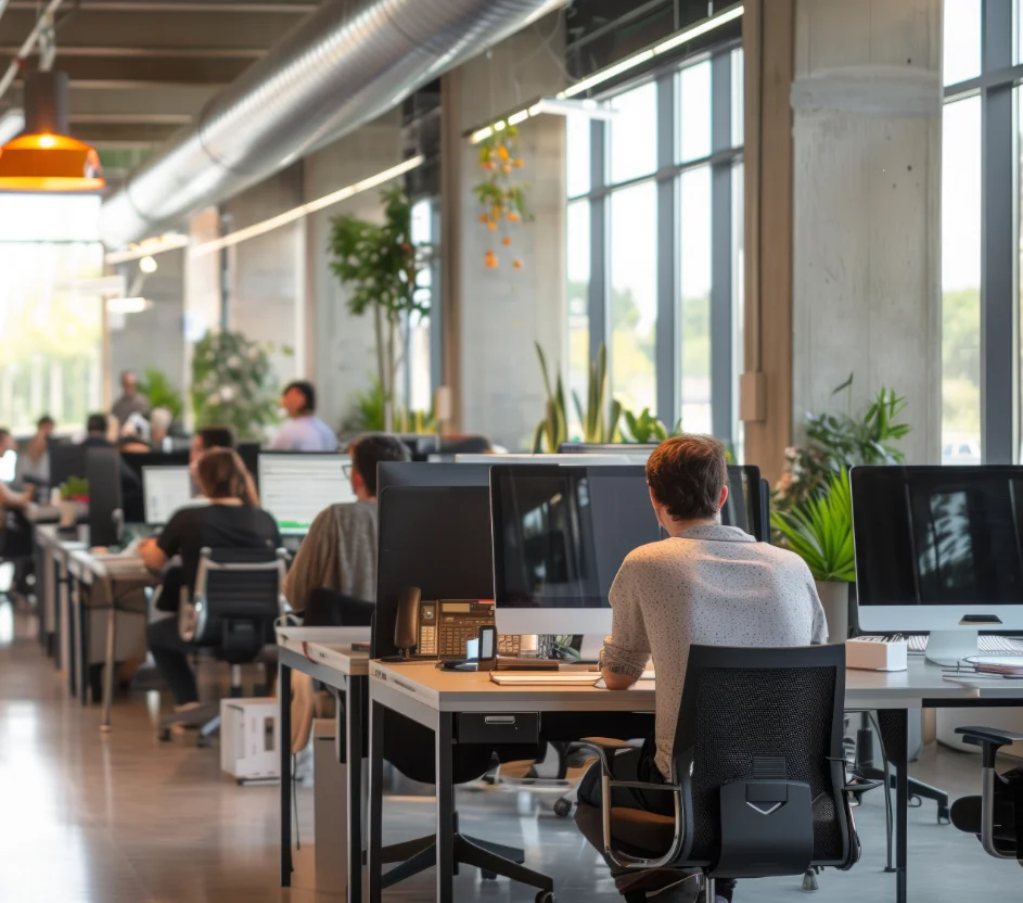 Sala de uma empresa com várias pessoas trabalhando em computadores com algumas plantas ao redor